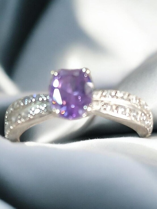 Fit agains Jewelry - Sterling Silver Purple Gemstone Ring with Pavé Accent Band